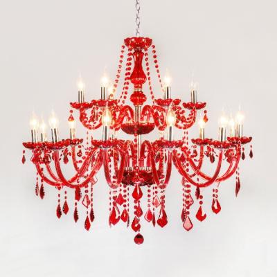 China 2020 Vintage Modern Luxury Classic Crystal Glass Large Candle Lobby Hotel Red Crystal Stained Flower Glass Chandeliers for sale