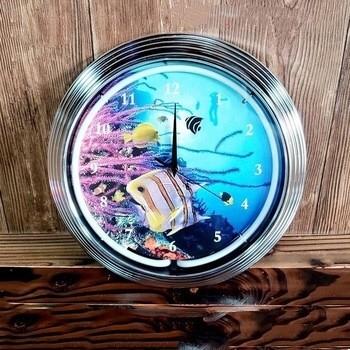 China PSE Round Route 66 Neon Sign ABS Blue Neon Wall Clock Silver Shell for sale