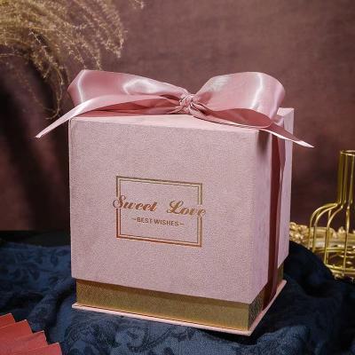 China High Quality Bridesmaid Gift Box Wedding Favor Gift Box Recycled Materials FUHING Suede Pink Lid And Big Bottom Gift Box With Ribbon Bow for sale