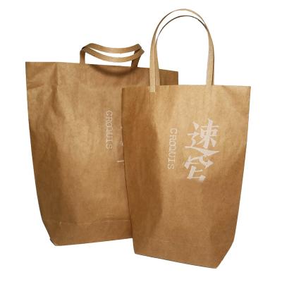 China FUHING Recyclable Guangdong Brown Washable Stand Up Tyvek Kraft Paper Tote Bags Clothing Shopping Paper Bag With Width Handle for sale