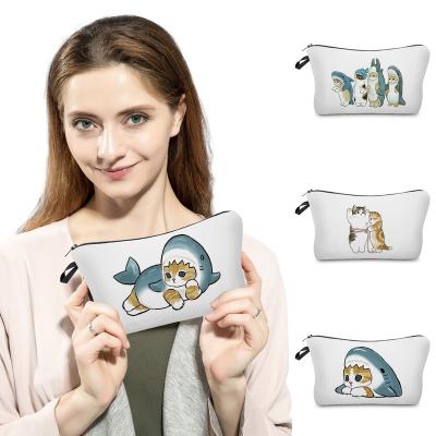 China Lightweight Shark Cat Makeup Bag Cute Cartoon Animal Printed Cosmetic Storage Bag Women Polyester Bag Portable Pencil Case Custom Pattern for sale