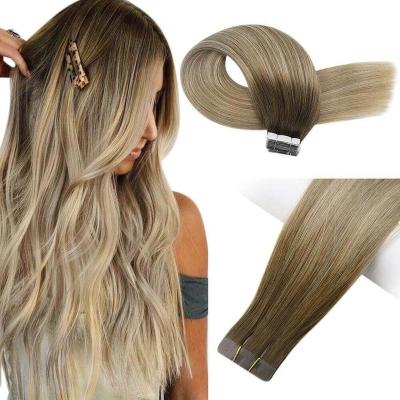 China Piano Color Straight Wholesale #3/8-26 Hair Salon Quality Virgin Invisible Straight Tape In Hair 100% Hair Extension for sale