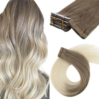 China Wholesale Straight Blonde Color #8/60 Ombre Virgin Hair Invisible Straight Tape In Hair Extension Hair for sale