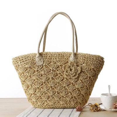 China New Wholesale Handmade Woven Beach Rattan Tote Bag With Flower Natural Straw Fashion Handbag For Women 42X10X25CM for sale