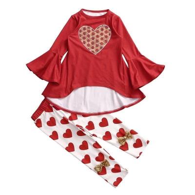 China Valentine's Day casual children's boutique girl's spring clothing heart sequins cropped pants suit 2 pieces for sale