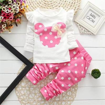 China Girl Minnie Sweet Polka Dot Clothes Spring Kids Boutique Cotton Long Sleeve Flower Printed Baby Clothing Set for sale