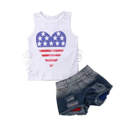 China Star Soft Tassel Summer Clohthing Kids T-shirt Birthday Gift Outfit Sleeveless Outfit Set + 2PC Shorts Pants for sale