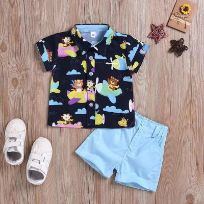 China Wholesale Casual Boutique Kids Wear Boys Casual Suit Cartoon Print Shirt Shorts Two Piece Set for sale