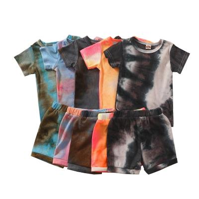 China 2021 Summer Boys Girls Casual Ribbed Tie Dye Knitted Short Sleeve Two Piece Set Sleeve Printing T-Shirts for sale