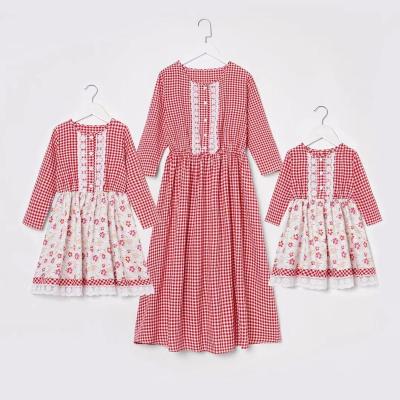 China Wholesale breathable boutique parent child wear mother daughter family matching long sleeve plaid pattern lace lClothing for sale