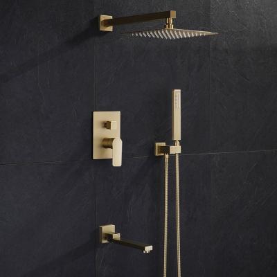 China High Quality Luxury Without Slide Bar Hide System Wall Mounted Brass Brushed Gold Rain Shower Faucet Set Bathroom Shower Faucet Set for sale