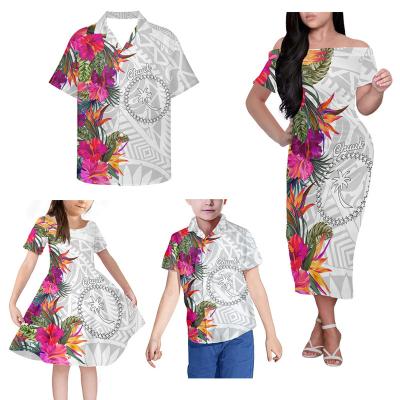 China Sexy Breathable Custom Women Off The Shoulder Bodycon Dress Chuuk Polynesian Tribal Logo Print Matching 4 Piece Clothing Set Family Outfits for sale