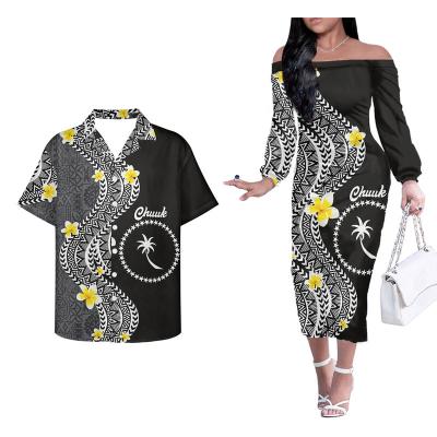 China CHUUK Breathable High Quality Polynesian Tribal Islands Print Couples Matching Outfits Off Shoulder Bodycon Dresses Button Down Shirts Custom for sale