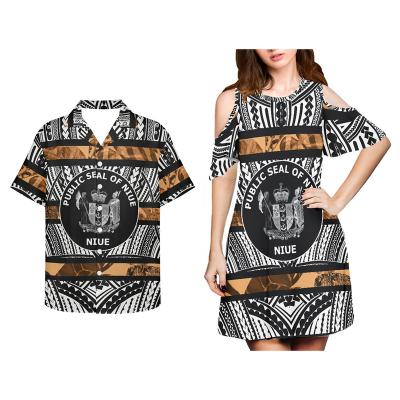 China New Arrival NIUE Polynesian Tribal Islands Anti-Static Print Lady Cold Shoulder Couples Outfits Shirt Men's Dress Sleeve Shorts Matching Match for sale