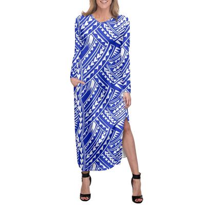 China Anti-Static Personality Printed High Split Polynesian Dresses Samoa Tapa Flower Tribal Printed Casual Dresses V Neck Side Slit Pocket Dresses for sale