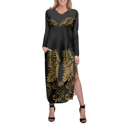 China Anti-Static Sublimation Printed Dresses High Split Polynesian Samoa Tapa Flower Tribal Printed Casual Dresses V Neck Side Slit Pocket Dresses for sale