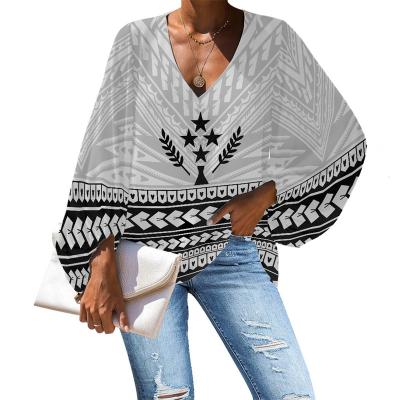 China Factory direct sales anti-pilling floral print v-neck shirts women blouse Polynesian Tribal Islands Kosrae long sleeve summer casual shirts for sale