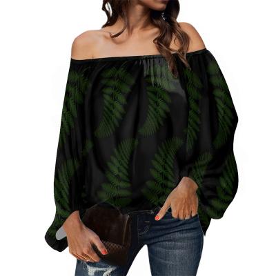 China Anti-pilling Hawaiian Tropical Leaves Design Women's Long Sleeve One Shoulder Blouse Chiffon Ladies Casual Loose Tops for sale