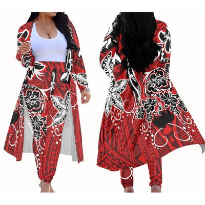 China Plus Size Custom Cardigan Long Sets Womens 2 Piece 2022 Sublimation Polynesian Samoan Tribal Print Cardigan Coat And Gaiters Red Outfits for sale