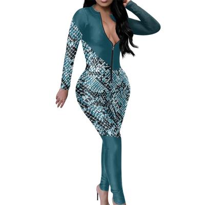 China Bodycon Overalls Romper Clubwear Logo Clothes Women Jumpsuits Snake Animal Skin Pattern Sexy V-Neckline Custom QUICK DRY Long Sleeve for sale