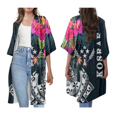 China Polynesian Tribal Islands Front Cardigan Lightweight Long Kimono Open Floral Print Kosrae Bell Sleeve Coat Wholesale Price 3/4 Anti-wrinkle for sale