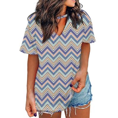 China Wholesale Summer Tribal Geometric Loose Casual Tops Women Vintage Style V Neck Zigzag Sleeve T-shirt Short Tunic Blouses for sale