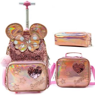 China Anti Theft Trolley School Bags Kids Bag Custom Logo Bowknot Backpack With Wheels Custom Kids School Backpacks Set Trolley School Bags cart for sale