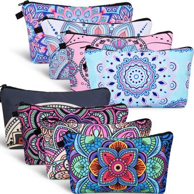 China Fashion Yue Printed High Quality Nylon Zippered Cosmetic Bags Pencil Bag Makeup Storage Cosmetic Mandala Flowers Travel Cosmetic Bag for sale