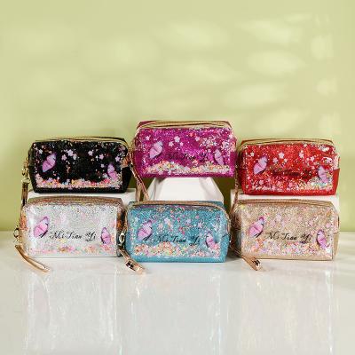 China Fashion Yue Glitter Flip Cosmetic Bag High Quality Zippered Colorful Makeup Storage Travel Cosmetic Bag Pencil Bag for sale