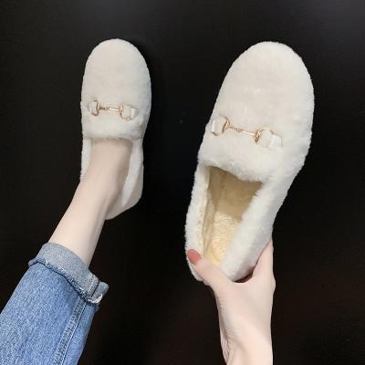 China Winter Women Plush Fur Plain White Female Round Shoe Plush Casual Flat Shoes for sale