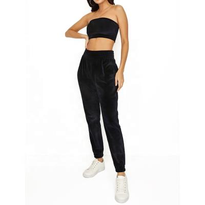 China Breathable 2 Piece Womens Custom Fashionable Logo Beach Crop Top Trotter Pants Women Velvet Tracksuits for sale