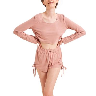 China Custom Summer Casual Tracksuit Breathable Long Sleeve 2 Piece Crop Top And Shorts Lightweight Women Tracksuit for sale