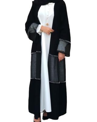 China Mesh Abaya Beaded Design Spliced ​​Color-blocked Soft Feeling Lace Up Beaded Cardigan Long Skirt for sale