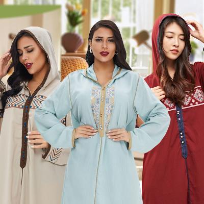 China Wholesale Floral Embroidery Muslim Hooded Long Robe Middle East Abaya Dress Muslim Dress With Hat for sale