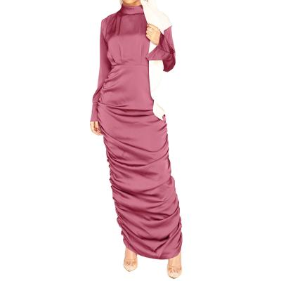 China Hot Selling Islamic Soft Waist Drawstring Cake Anti-wrinkle Dress Muslim Satin Maxi Dress for sale