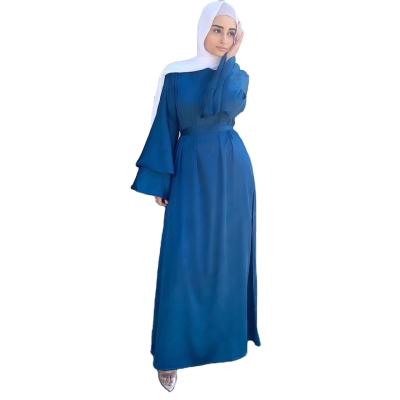 China Satin Stretch Sleeve Anti-wrinkle Middle East Turkey Solid Color Flare Double Muslim Dress Plus Size Tunic Islamic Maxi Dress for sale