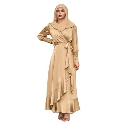 China Solid Color Anti-Wrinkle Long Sleeve Islamic Drawstring Long Sleeve Irregular Ruffled Muslim Dress for sale