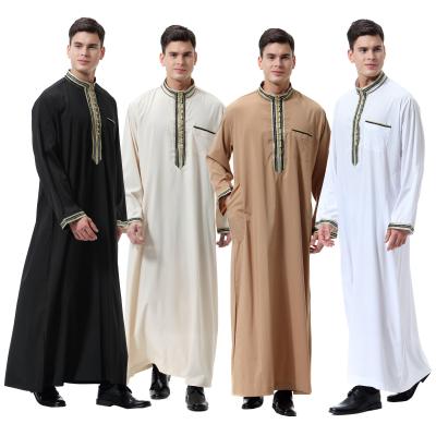 China Middle East Muslim Men's Comfortable Feel Thobe Arabe Applique Stand Up Casual Long Dress Mens Thobe Arabe Thobe Kaftan With Collar Applique for sale