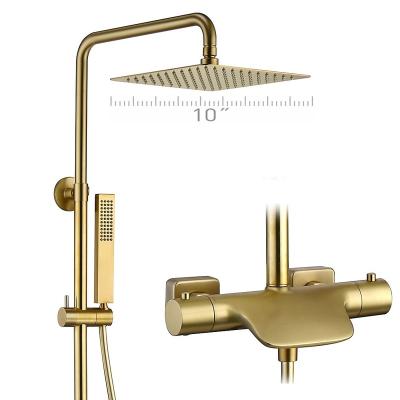 China With Slide Bar 2021 New 10 Inch 3 Function Gold Brass Bathroom Luxury Thermostatic Shower Faucet Set for sale