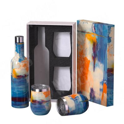 China Sustainable Unbreakable 18/8 Stainless Steel Wine Fridge Gift Set - 750ml Vacuum-Insulated Wine Bottle And Two Wine Tumbler With Lids for sale