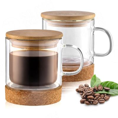 China RTS Double Wall Borosilicate Glass Disposable Eco-Friendly Coffee Mug With Cork Base And Bamboo Cover 9oz, Insulated Coffee Cup for sale