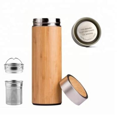 China Travel Sustainable Wide Mouth Bamboo Thermos Bottle With Loose Leaf Tea Infuser Strainer Keep Water Hot for sale