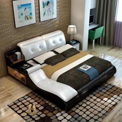 China Solid Wood Modern Wooden Frame King Size Leather Bed Massage Storage Soft Comfortable Soft Sleep Furniture for sale