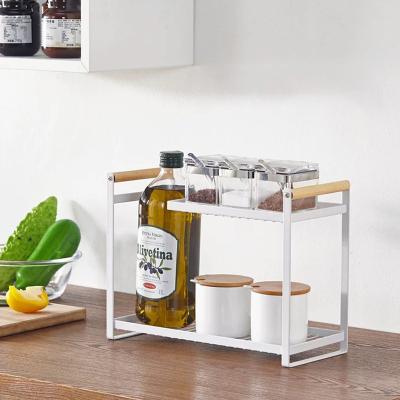 China Stored Housewares Kitchen Storage Iron Spices Shelves Bathroom Cosmetic Bottle Jars Solid Wood Double Handle Finished Rack for sale