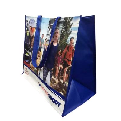 China Reusable Promotional PP Woven Grocery Handled Grocery Bags Foldable Supermarket Shopping Bags With Customized Logo for sale