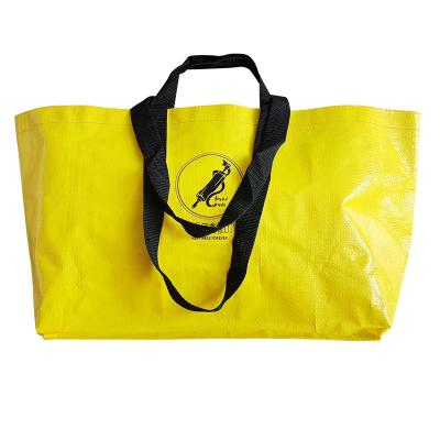 China Custom Reclycled Reusable Yellow Luxury PP Woven Shopping Bags Laminated Flat Bottom With Logo for sale