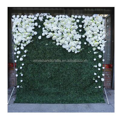 China Romantic Real Preserved Rose Artificially Hanging Green Grass Panel Cloth Silk Roll Up Wedding Backdrop Folding Carpet Flower Wall Greenery for sale