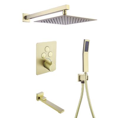 China Without Slide Bar Bathroom Brass Brushed Gold 12 Inch Rain Shower Head Mixer Thermostatic Valve Shower System Set And Tub Wall Mounted Spout for sale