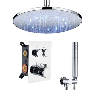 China Without Slide Bar Good Quality Low Price 10 Inches Enclosed Thermostatic Waterfall Rainwater Temperature Led Light Bath Shower Mixer Set for sale