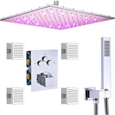 China Without Sliding Bar Design 400*400 Mm 304 Stainless Steel LED New Lighted Thermostatic Ceiling Shower Head Bathroom Shower Set for sale